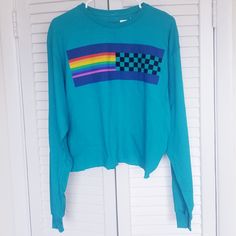 This Has A Rainbow On One Side And A Checkered Style Racer On The Other Nice For Spring Or Summer Top Tee, Checks, Long Sleeve Tees, Womens Tops, Yellow, Tops & Tees, Long Sleeve, Women's Top, Women Shopping