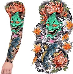 an arm tattoo with fish and flowers on it