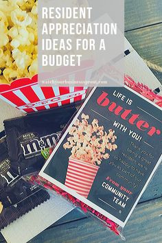 some snacks and candy on a table with the words resident appreciation ideas for a budget