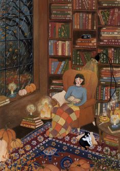 a painting of a person sitting in a chair with a cat and pumpkins on the floor