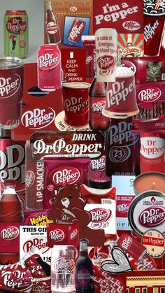 a collage of various types of sodas and other beverages in red packaging, including dr pepper's