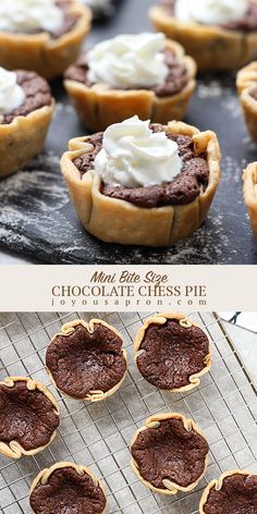 mini chocolate cheese pies with whipped cream in the middle on a cooling rack, and before and after baking