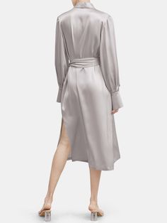 This luxury silk robe is distinguished by feminine details such as chic statement cuffs and side slit. Crafted from pure silk, it flatters the female form with its relaxed fit silhouette and waist-defining sash belt. Dark Pastel Blue, Dark Pastel, Belted Robe, Feminine Details, Silk Robe, Sash Belts, Sash Belt, Luxury Silk, Silk Wrap