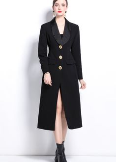 Stay stylish and warm this fall with our women's single-breasted long trench coat. The classic black color and shawl collar add a touch of sophistication, while the long length and trench coat style provide both fashion and function. Upgrade your fall outfit with this versatile and timeless piece. Shawl collar Front single-breasted button closure Long sleeves Lined Polyester Item #4101808 SIZE INFO XS=US2=UK6=EU32 S=US4-6=UK8-10=EU34-36 M=US8-10=UK12-14=EU38-40 ★★ It would be helpful if you prov Chic Winter Blazer Dress With Lapel Collar, Elegant Blazer Dress For Winter, Fall Evening Single-breasted Outerwear, Elegant Lapel Collar Blazer Dress For Winter, Elegant Outerwear With Shawl Collar And Button Closure, Elegant Winter Blazer Dress With Lapel Collar, Elegant Blazer Dress With Lapel Collar For Winter, Lapel Collar Outerwear For Fall Evening, Elegant Solid Pea Coat With Lapel Collar