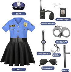 a police uniform is shown with accessories including sunglasses