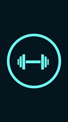 a black and blue icon with a barbell in the center on a dark background