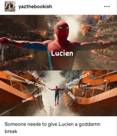 someone needs to give lucien a goddam break spider - man meme