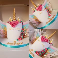 three photos of a cake decorated like a unicorn's head with pink flowers and gold horn