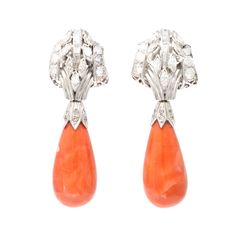 Coral Drop and Diamond Earrings Circa 1950 in Platinum front view Ruby Diamond Pendant, Convertible Earrings, Coral Drop Earrings, Earrings Outfit, Semi Precious Jewelry, Coral Jewelry, Old Jewelry, Art Deco Diamond, Dangling Earrings