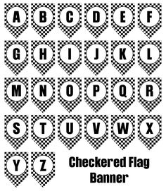 the checkered flag banner is shown in black and white, with letters on it