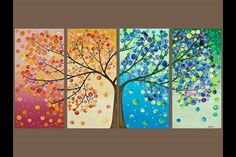 four different colored paintings of trees with leaves on the bottom and one tree in the middle