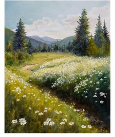 an oil painting of a meadow with white flowers