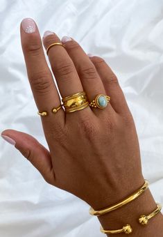 22K Gold Plated 925 Sterling Silver Rings ✨ Thick Rings Aesthetic, 22 Carat Gold, Stylish Rings, Aquamarine Stone, Gold Gold, Gold Plated Rings