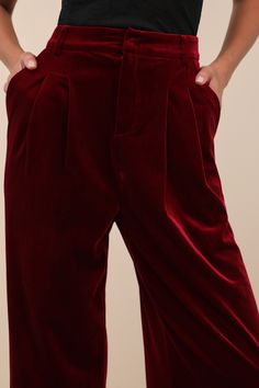 The Lulus Chic Splendor Wine Red Velvet Pleated High-Rise Wide-Leg Pants are our new favorite winter wardrobe piece! Plush velvet shapes these fabulous pants with a high, banded waist that features belt loops and a hidden zip fly with an internal top clasp closure. Pleated details, diagonal front pockets, and decorative back welt pockets accent the wide pant legs that end at full-length hems. Fit: This garment fits true to size. Length: Floor length. Size medium Inseam: 31.00 Front Rise: 13.50 W Wide Pants, Wine Red, Winter Wardrobe, Welt Pockets, Leg Pants, Wide Leg Pants, Red Velvet, Floor Length, Full Length