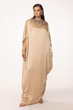 Beige kaftan dress with sequin applique, thread, cutdana, bead embroidery in floral pattern. - Aza Fashions Hand Embellished Floor-length Dress For Eid, Embellished Floor-length Embroidered Dress For Eid, Embroidered Embellished Floor-length Dress For Eid, Embroidered Floor-length Dress Embellished For Eid, Eid Embroidered Floor-length Dress, Floral Embroidered Kaftan With Traditional Drape For Party, Floral Embroidered Kaftan For Party, Party Kaftan With Floral Embroidery And Traditional Drape, Evening Kaftan With Floral Embroidery