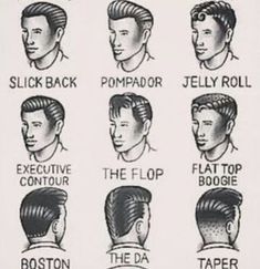 Men's Hair Styles, Greaser Hair, Mode Rockabilly, Rockabilly Mode, 50s Hairstyles, Hairstyle Names, 1950s Mens, Rockabilly Hair, Rockabilly Pin Up