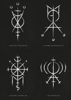 four different types of symbols on a black background