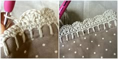 two pictures showing the process of crocheting