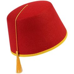 a red hat with yellow trim and tassel