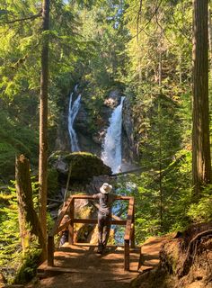 a person standing on a wooden bridge over a river in the woods near a waterfall