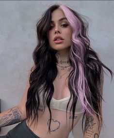 Cool Hair Dye Ideas For Long Hair, Dual Color Hair Ideas, Vibrant Color Block Hair, 2 Toned Colored Hair, Colorful Money Pieces On Dark Hair, Long Hair Funky Styles, Block Section Hair Color, Coloring Blocking Hair, Brown Hair With Colorful Money Piece