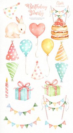 watercolor birthday party clipart with bunnies, balloons, cake and other items