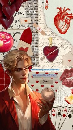 a collage of images with hearts, roses and other things on them that include an apple