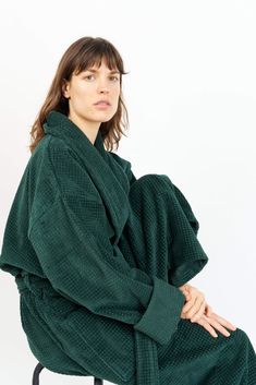 House Babylon’s green bathrobe is crafted from organic Turkish cotton and are Oeko-Tex certified to be fully free of any harmful chemicals. The terrycloth bathrobe is made of 450 GSM long cotton fibres for maximum fluffiness and absorbency. This unisex bathrobe offers a relaxed fit featuring a lapel and capacious pockets. Made in Turkey. For toweling bathrobes, we recommend soaking new towels in cold water for 24 hours before the first wash. This way, the cotton fibres expand and ensure the best Green Bathrobe, Green Academia, Terry Robe, Candle Dressing, Beach Towel Bag, Afro Punk, Terry Towel, Wedding Watch, Dressing Gown