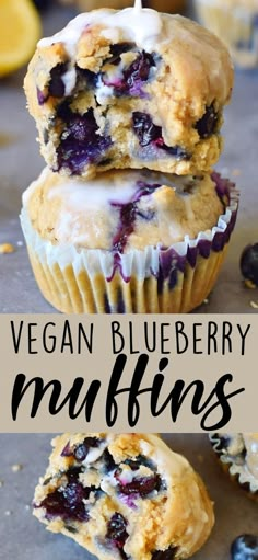 vegan blueberry muffins stacked on top of each other