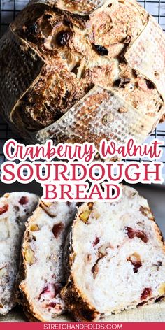 cranberry walnut sourdough bread on a cooling rack with text overlay