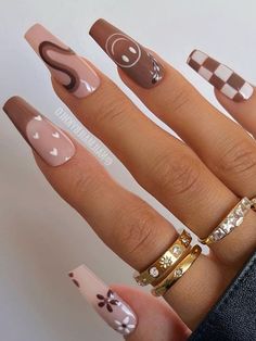 coffin acrylic nails with various brown nail designs Brown Acrylic Nails, Brown Nails Design, Unghie Nail Art, September Nails, Beige Nails, Acrylic Nails Coffin Short, Short Acrylic Nails Designs, Brown Nails, Dope Nails