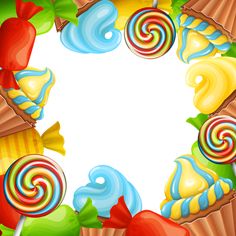 a frame made up of many different types of candies and lollipops