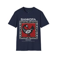 This Adinka Sankofa African Tee shirt features the Adinka Sankofa as a bird shaped symbol. This symbol is an important part of African-American history, representing the need to look back at our past in order to pave a successful future. The Sankofa heart shape symbol asks for patience and endurance. Derived from the Twi language spoken in Ghana, the word "sankofa" literally translates to "go back and get". This symbol on this Adinka Sankofa African Tee shirt holds great significance in the Afri Traditional Short Sleeve T-shirt With Graphic Print, Traditional Short Sleeve Shirt With Graphic Print, Traditional Short Sleeve Graphic Print Top, Traditional Short Sleeve Tops With Graphic Print, Traditional T-shirt With Graphic Print And Short Sleeves, Traditional Short Sleeve Graphic Print T-shirt, Twi Language, Sankofa Symbol, African Symbols