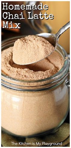 homemade chai latte mix in a glass jar with a spoon