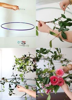 four different pictures with flowers and a person holding a hula hoop in the air