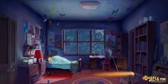 an animated bedroom with blue walls and wooden flooring is featured in the video game dream