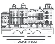 amsterdam skyline with bridge and buildings in the background, black and white line art drawing