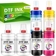 an image of different dyes for epson printers and ink bottles with the words dtf ink on them