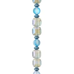 a glass beaded lamp hanging on a white wall in the shape of a column