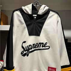 Supreme Hooded Hockey Jersey White Size L Used Supreme Hockey Jersey Outfit, White Moisture-wicking Jersey For Streetwear, Streetwear Hockey Jersey, Supreme Hockey Jersey, Supreme Sweater, Hockey Jersey, Hockey, Color White, Mens Shirts