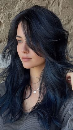 24 Sophisticated Blue Black Hair Ensembles Blue Black Medium Length Hair, Deep Blue Black Hair, Midnight Black Hair Color, Black Hair Frosted Tips, Black Color Hair Styles, Dark Denim Hair, Summer Hair For Black Hair, Cool Tone Blue Hair