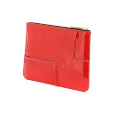 This Comme des Garçons patent leather pouch is characterized by its embossed details. It features a golden zip closure and a soft leather interior. Leather Pouch, Comme Des Garcons, Modern Man, Leather Interior, Vibrant Red, Wallet Men, Soft Leather, Patent Leather, Pouch