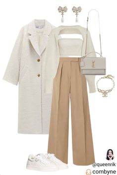 Beige Pants, Gowns Prom, Elegante Casual, White Coat, Mode Inspo, Kpop Fashion Outfits, 가을 패션