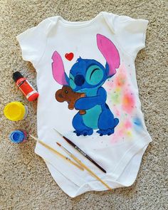 Kid Birthday Outfits, Fabric Paint Shirt, Fabric Paint Diy, Baby Boy Dress, Paint Shirts, Stitch Clothes, Stitch Cartoon, Kids Fabric