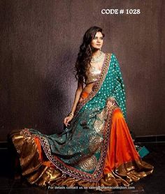 Orange-teal lehenga Pakistani Lehenga, Orange Lehenga, Bridal Lehenga Designs, Desi Clothes, Pakistani Wedding Dresses, Indian Couture, Indian Attire, Lehenga Designs, Desi Fashion