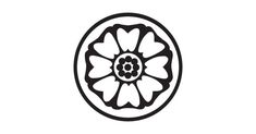 a black and white image of a flower in the center of a circular design on a white background