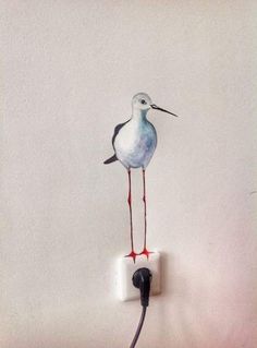 a painting of a seagull standing on an electrical outlet with wires attached to it