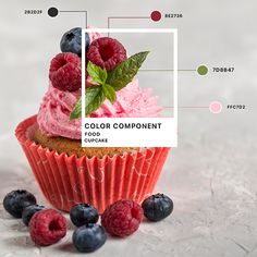 a cupcake with pink frosting and raspberries on top, surrounded by berries