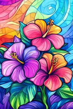 a painting of flowers on a colorful background