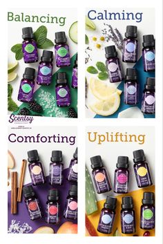 four different bottles of essential oils with the words calming and unflitting on them